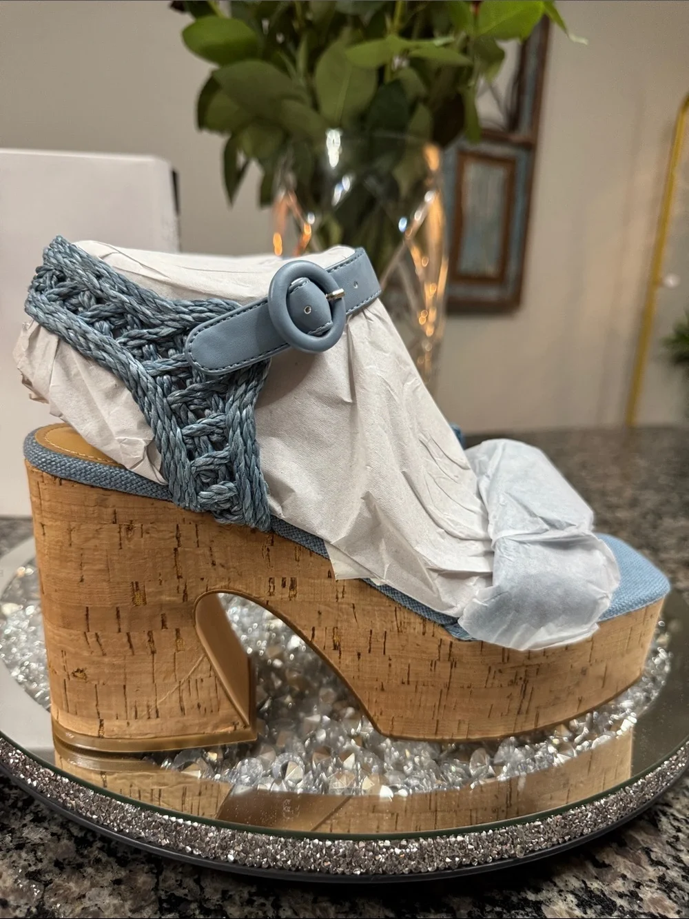 Nine West Comiele Light Blue denim Braided Cork Platform SandalsNEW 9